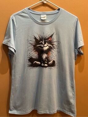 Port and Company whimsical graphic fluffy smiling black and white cat NWOT Large